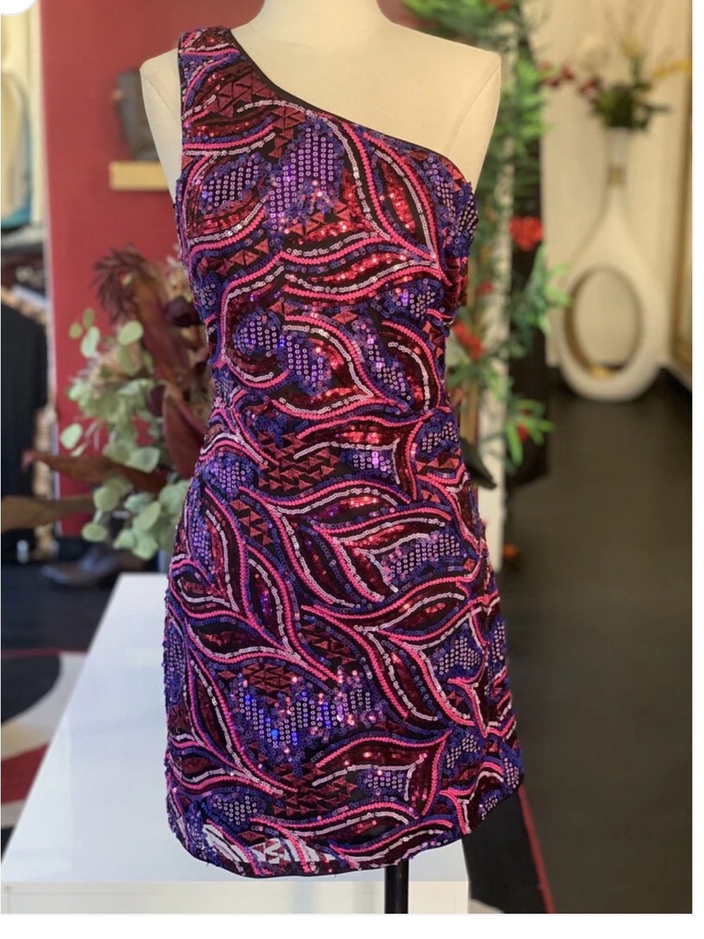 Lulu's One-Shoulder Sequin Dress in Purple & Pink Swirl